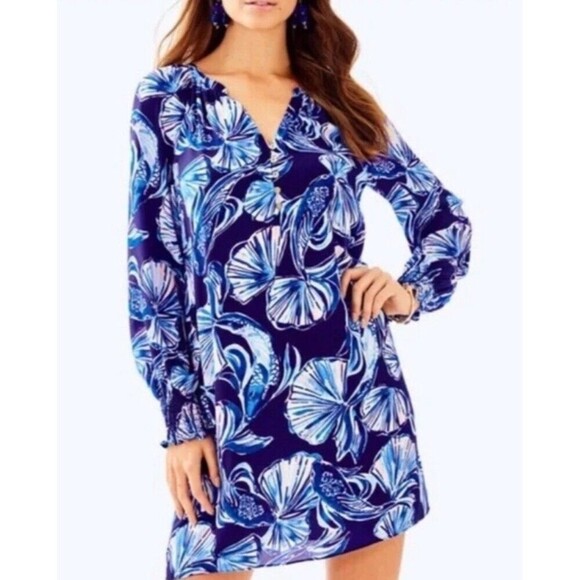 LILLY PULITZER Brynle Shift Dress Reel Life Blue Botanical Medium Long Sleeve - Picture 1 of 14
